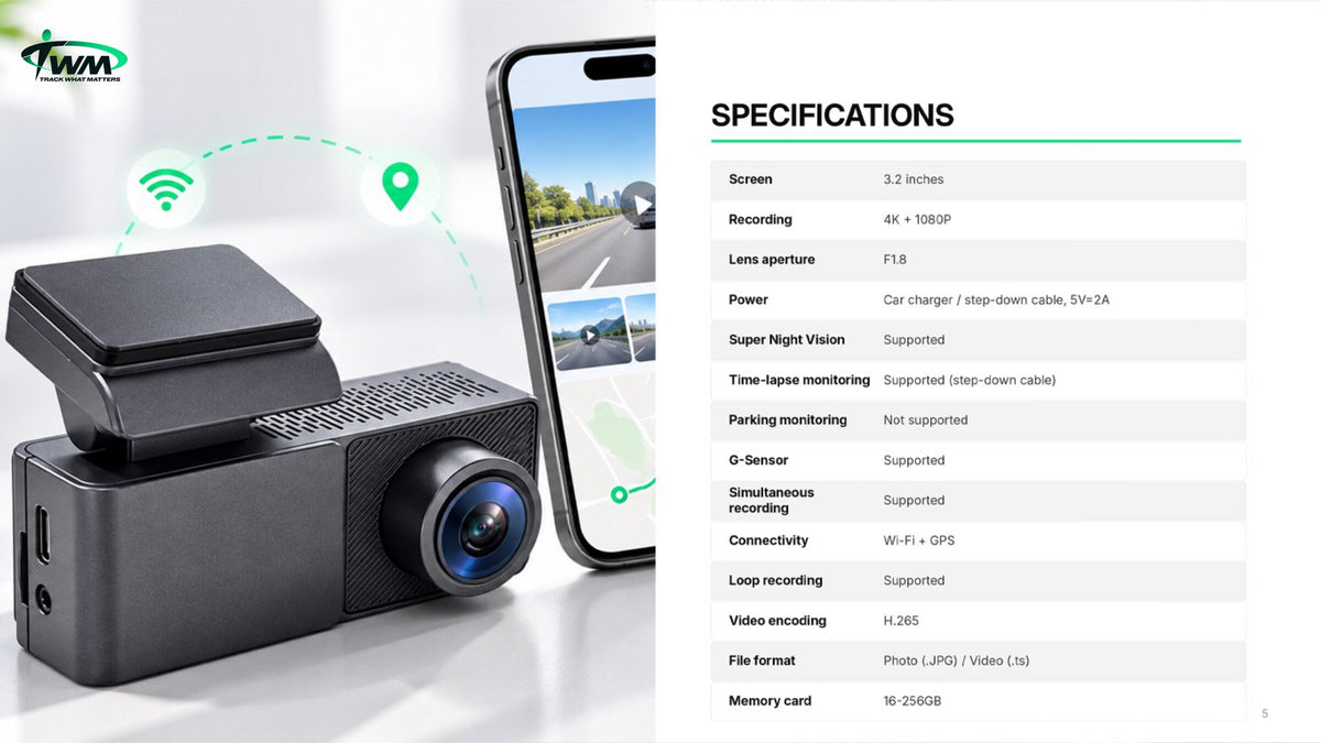 TWM A3 4K dash cam specifications