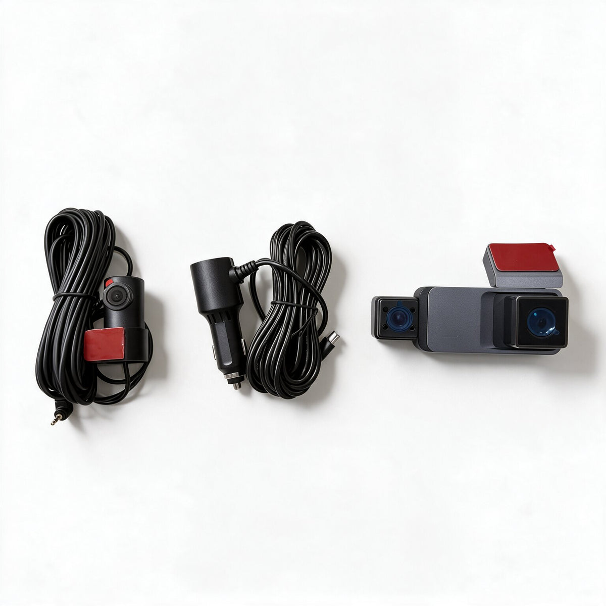 What's in the box: TWM R3 dash cam with cabin camera, rear camera, rear camera cable and car charger power cable