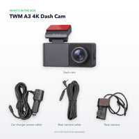What's in the box: TWM A3 4K dash cam, rear camera, rear camera cable and car charger power cable