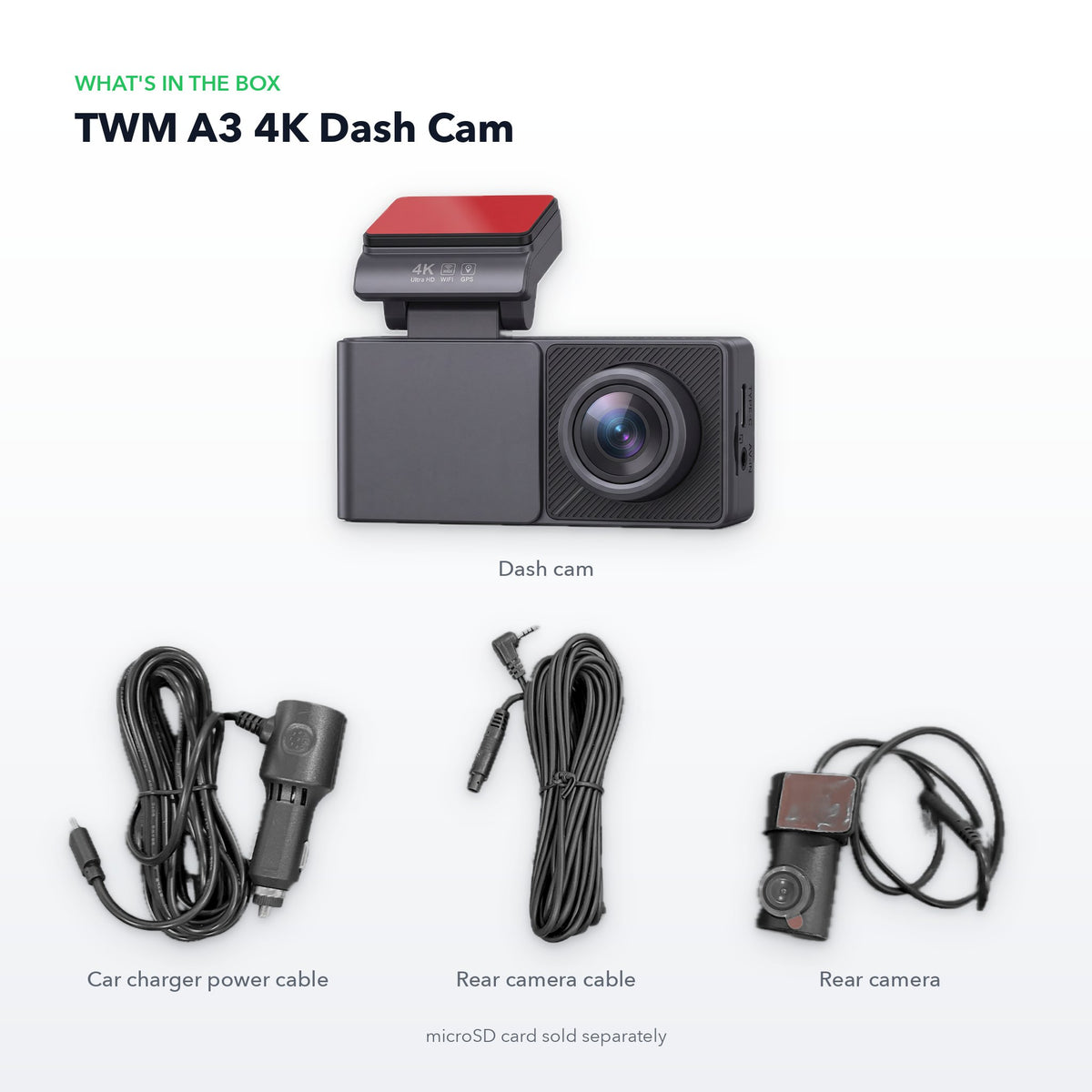 What's in the box: TWM A3 4K dash cam, rear camera, rear camera cable and car charger power cable