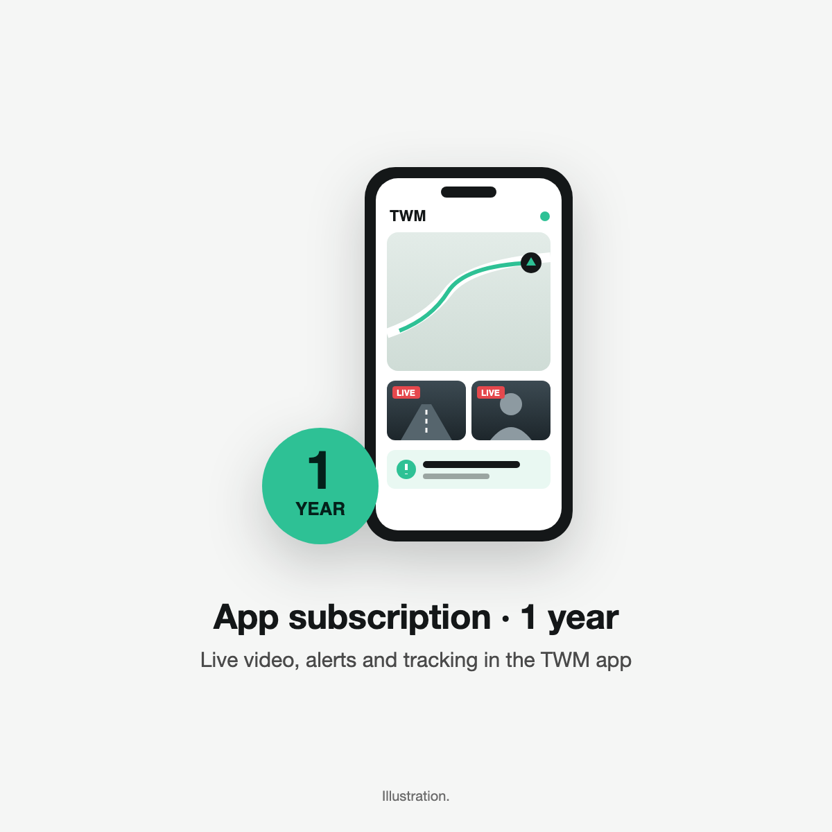 1 year app subscription for live video, alerts and tracking in the TWM app (illustration)