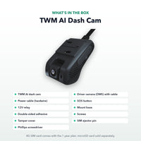 What's in the box: TWM AI dash cam, driver camera, power cable, SOS button, relay and mount