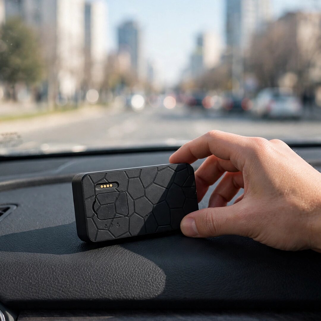 TWM G50 GPS tracker held on a car dashboard