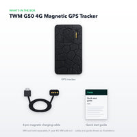 What's in the box: TWM G50 GPS tracker, magnetic charging cable and quick start guide (illustration)