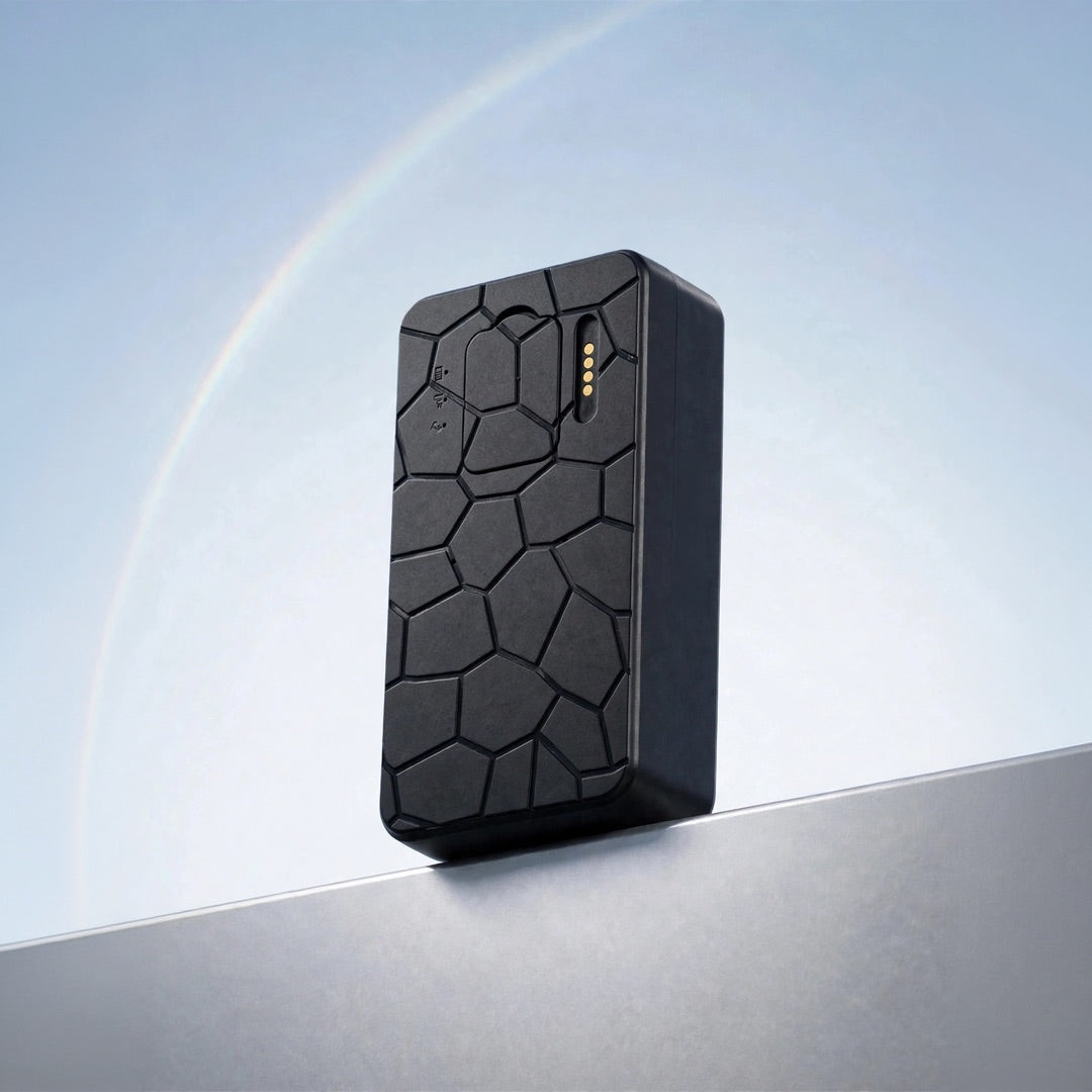 TWM G50 magnetic GPS tracker, angled view of the textured body