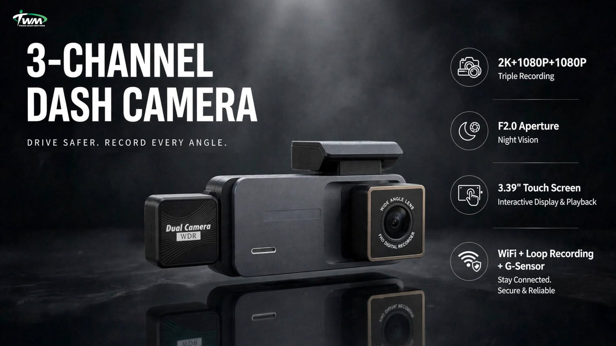 TWM R3 3-channel dash camera: 2K + 1080p + 1080p recording, F2.0 night vision, 3.39 inch touch screen, Wi-Fi and G-sensor