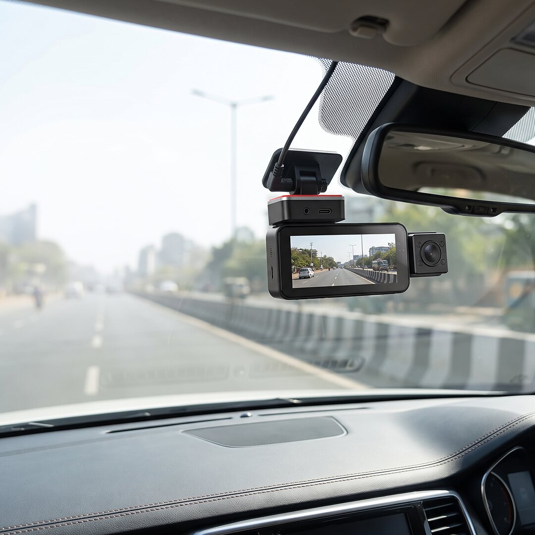TWM R3 dash cam fitted behind the rear-view mirror, screen showing the road ahead