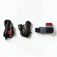 What's in the box: TWM R3 dash cam with cabin camera, rear camera, rear camera cable and car charger power cable