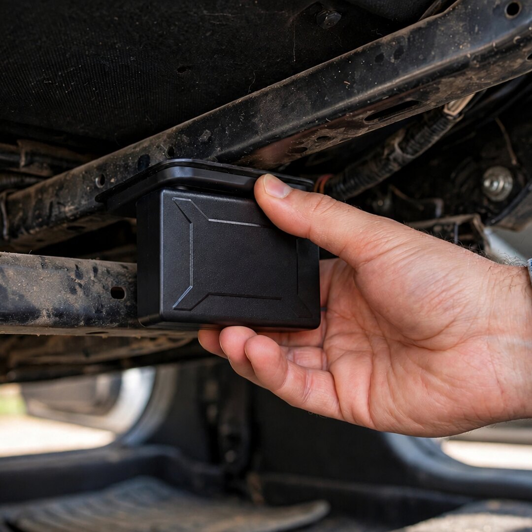 TWM S15 GPS tracker held against a vehicle chassis, where the magnets hold it