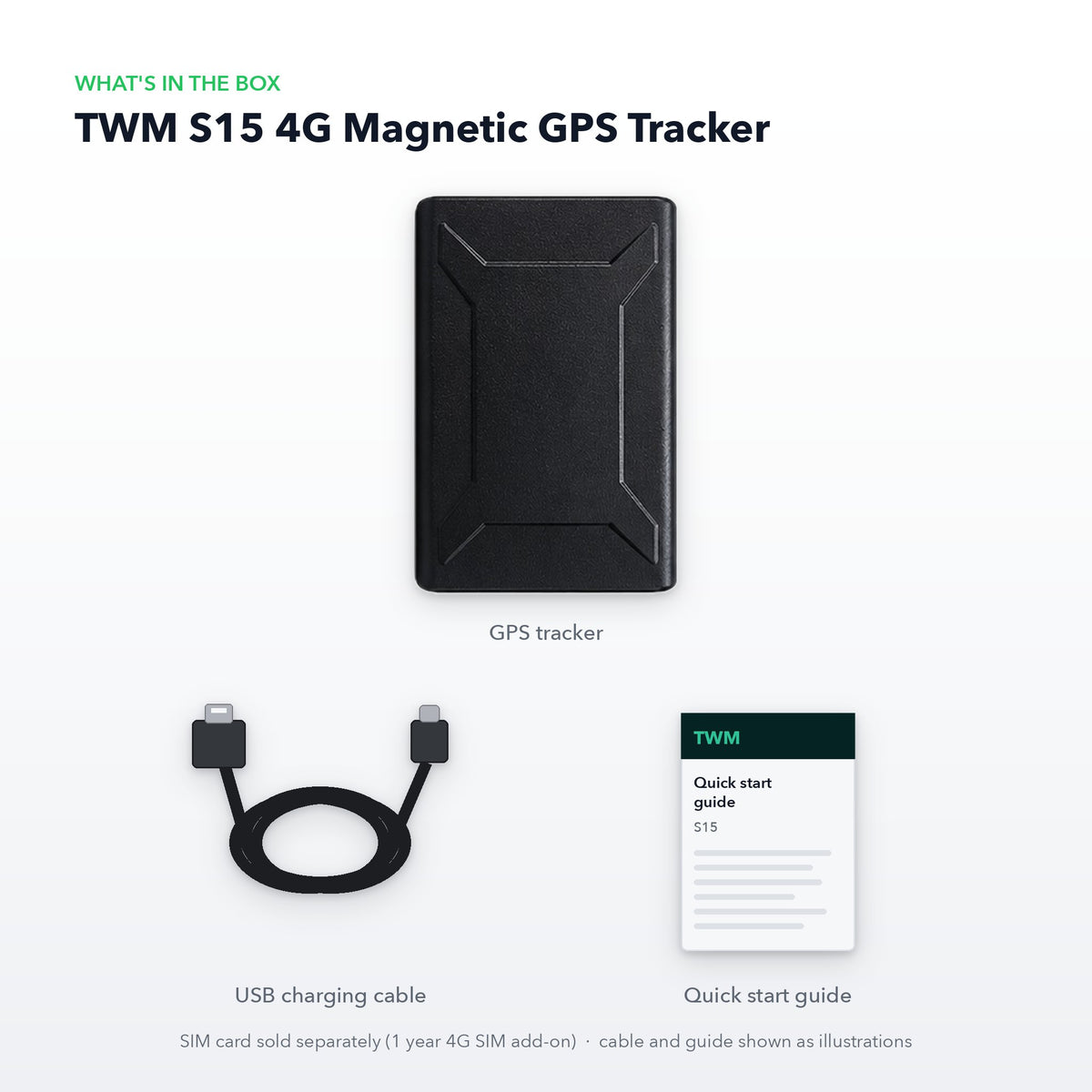 What's in the box: TWM S15 GPS tracker, USB charging cable and quick start guide (illustration)
