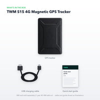 What's in the box: TWM S15 GPS tracker, USB charging cable and quick start guide (illustration)
