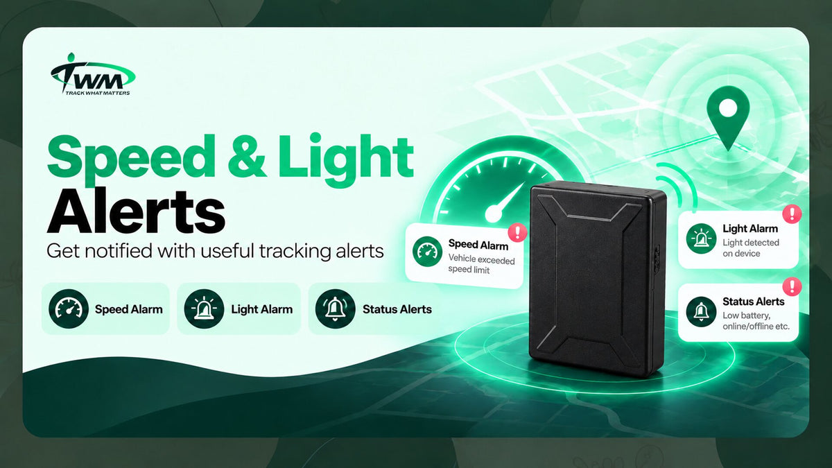 TWM S15 speed alarm, light alarm and status alerts for low battery and online / offline
