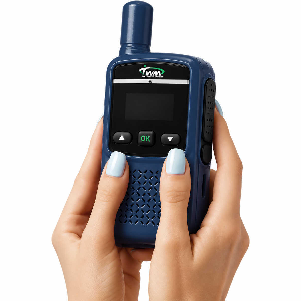 Dark blue TWM Talkie push-to-talk handset held in both hands