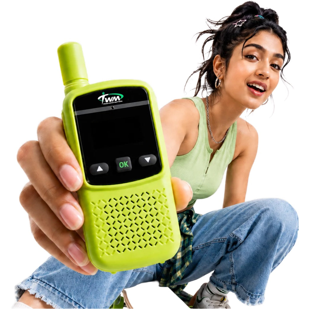 Woman holding out a lime green TWM Talkie