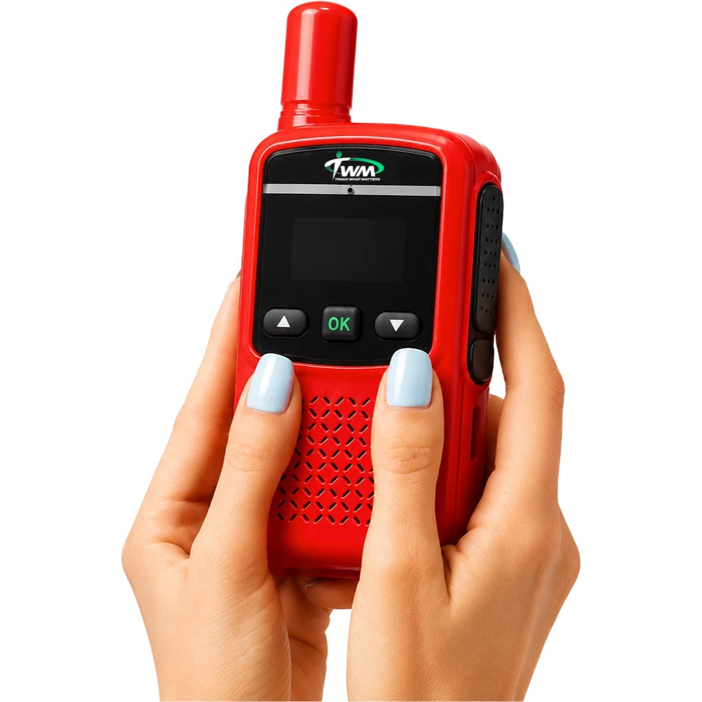Red TWM Talkie push-to-talk handset held in both hands
