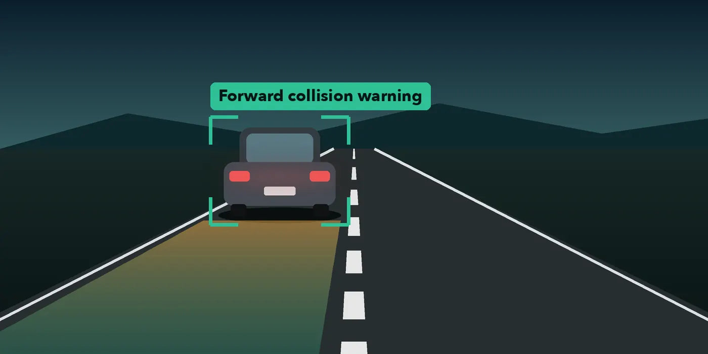 AI dash cam ADAS view of the road with a forward collision warning box around the car ahead